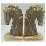 Vintage Set Of Trojan Horse Head Bookends Carved From Onyx 6 1/4" Tall