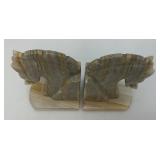 Vintage Set Of Trojan Horse Head Bookends Carved From Onyx 6 1/4" Tall