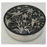 Vintage Oneida Silver Plated Trinket Box Black Bakelite Lid With Bird Inlay 6 1/4"