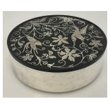 Vintage Oneida Silver Plated Trinket Box Black Bakelite Lid With Bird Inlay 6 1/4"