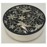 Vintage Oneida Silver Plated Trinket Box Black Bakelite Lid With Bird Inlay 6 1/4"