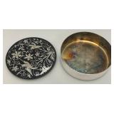 Vintage Oneida Silver Plated Trinket Box Black Bakelite Lid With Bird Inlay 6 1/4"