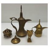 Vintage Etched Brass Turkish Style Teapot 9" (Needs Repair) 5 1/2" Teapot & Incense Burner 3"
