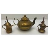Two Vintage Etched Brass Turkish Style Teapots 4 1/2" And Brass Teapot 4 3/4" x 5"
