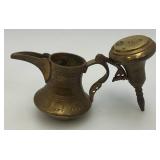 Two Vintage Etched Brass Turkish Style Teapots 4 1/2" And Brass Teapot 4 3/4" x 5"