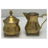 Vinjtage Etched (Saudi Arabia) Brass Sugar Dish With Lid 4 1/2" And Creamer 3 3/4"