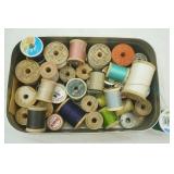 Vintage Aluminum Container & Vintage Sewing Thread, Wooden Spools