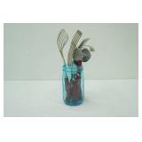 Vintage Metal Kitchen Utensils and blue glass Wide Mouth Ball Jar