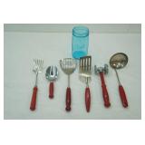 Vintage Metal Kitchen Utensils and blue glass Wide Mouth Ball Jar