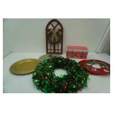 Christmas Themed Serving Trays & Storage Containers; Wreath, Vintage Style Window Wall Hang