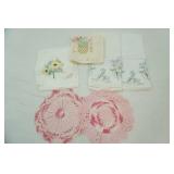 Embroidered Flour Sack Dish Towels, Pair of Embroidered Pillow Cases, Pink and white Crochet Doilies