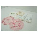 Embroidered Flour Sack Dish Towels, Pair of Embroidered Pillow Cases, Pink and white Crochet Doilies