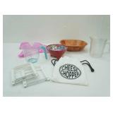Kitchenware Lot: Cheese Chopper, Measuring Cups, Spoon Colander Strainers