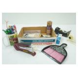 Office Supplies: tape dispensers, pens, glue, stapler, dust brush and pan