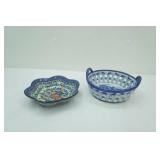 Blue Rose Polish Pottery Bowl; Blue & White Ceramic Basket