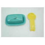 Fiestaware Butter Dish in Turquoise and Fiestaware Spoon Rest in Yellow. Homer Laughlin