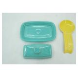 Fiestaware Butter Dish in Turquoise and Fiestaware Spoon Rest in Yellow. Homer Laughlin