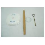 French Rolling Pin; Vintage Corningware Lid. Blue Cornflower Pattern