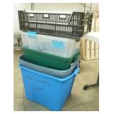 8 Storage Totes, 1 black crate (no lids)
