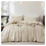 FOSSA Duvet Cover Set 100% Washed Cotton Linen Feel Super Soft Breathable Cozy 3 Pieces Bedding Sets Solid Almond Grey Queen MSRP