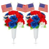 2 Set Artificial Memorial Day Flowers with Vase for Cemetery Grave Patriotic Red White and Blue Grave Flower Thank You Veterans Roses with American Flag Headstone Bouquet for Memorial Day