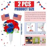 2 Set Artificial Memorial Day Flowers with Vase for Cemetery Grave Patriotic Red White and Blue Grave Flower Thank You Veterans Roses with American Flag Headstone Bouquet for Memorial Day