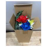 2 Set Artificial Memorial Day Flowers with Vase for Cemetery Grave Patriotic Red White and Blue Grave Flower Thank You Veterans Roses with American Flag Headstone Bouquet for Memorial Day