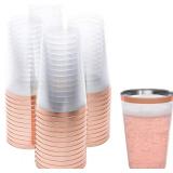Prestee 50 Pack Disposable Plastic Cups 14 oz Rose Gold Rimmed Plastic Wine Glasses - Heavy Duty, Pink Rim Cup - Disposable Party Cups and Fancy Wedding Tumbler - Elegant Decoration Cup for Party