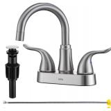 KPW Bathroom Sink Faucet 2 or 3 Hole Brushed Nickel Centerset 4 Inch Bathroom Sink Faucet 2 Handle Over ABS Non-Metallic Lavatory Bathroom Faucet with Pop up Drain Water Supply Hoses