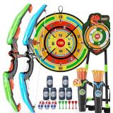 HYES 2 Pack Kids Bow and Arrow with 29" Large Dart Board, LED Light Up Archery Set with 24 Suction Cup Arrows, Indoor Outdoor Sport Toys Gifts for 3 4 5 6 7 8 9 10 11 12 Year Old Boys Girls