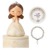First Communion Gift Set for Girls - Resin Prayer Girl Figurine with Dove & Olive Branch Design, White Religious Keepsake Statue, Pearl Necklace Cross Pendant, Gift Box Set with Inspirational Message