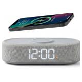 Fabric Digital Alarm Clock for Bedroom with Wireless Charging, USB-C Port, Dual Alarm, 30-Min Snooze, Dimmable Display, Ambient Light, Battery Backup, Modern Bedside Clock (Gary)