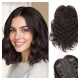 11 Inch Hair Topper for Women with Thinning Hair,Natural Short Wavy Clip-In Wig Topper with Curtain Bangs, Synthetic Hairpiece for Daily Wear(Brown Black)