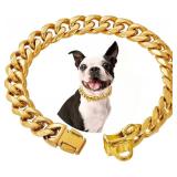 Stainless Steel Silver Gold Dog Collars with Safety Buckle Lock,18K Cuban Link Chain Training Collar,15MM Strong Dog Necklace Heavy Duty Chew Proof for Small Medium Large Dog