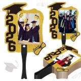 50 Pcs Custom Graduation Fans with Handle Double Sided Personalized Black and Gold Grad Party Supplies Class of 2026 Grad Photo Props Blank DIY Photo Frame for Graduation Party Souvenirs