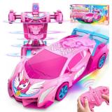 Pink Unicorn Transform RC Cars for Girls Toys with Rainbow Eyes & Underbody Lights, Fast 360 Rotation & 2.4GHz Robot Remote Control Car One-Button Deformation,Birthday Gifts for 3-12 Year Old Girls
