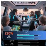 YAOKEEP 120W Fast Charging Retractable Car Charger 4 in 1, 180 Rotation Car Phone Charger with 31.5" Cables, USB Type-C and Lightning, Car Charger Adapter for iPhone 17/16/15/14 /13/12,Android,Samsung