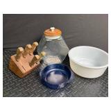 Tupperware Bowl, Glass Jar, Knife Block & White Bowl Mixed Lot