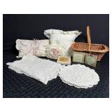 Decorative Lace and Pillow Mixed Lot With Wicker Basket