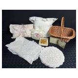 Decorative Lace and Pillow Mixed Lot With Wicker Basket