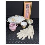 Decorative Porcelain & Gloves Mixed Lot With Framed Print