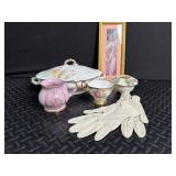 Decorative Porcelain & Gloves Mixed Lot With Framed Print