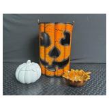 Halloween Decor Mixed Lot - Jack-O-Lantern Bucket, Pumpkin Jar & Leaf Bowl