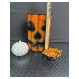 Halloween Decor Mixed Lot - Jack-O-Lantern Bucket, Pumpkin Jar & Leaf Bowl