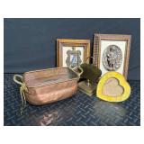 Copper Planter, Brass Frame Stand & Framed Wall Decor Mixed Lot
