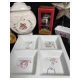 Holiday Decor Mixed Lot With Ceramic Jar, Nutcracker, Star Topper & Tray