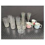 Etched Glassware, Iridescent Flutes & Floral Mugs Mixed Lot