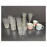 Etched Glassware, Iridescent Flutes & Floral Mugs Mixed Lot