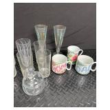 Etched Glassware, Iridescent Flutes & Floral Mugs Mixed Lot
