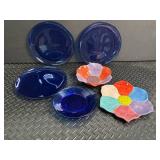 Blue Glass Plates & Ceramic Flower Dishes Mixed Lot (5 Piece)